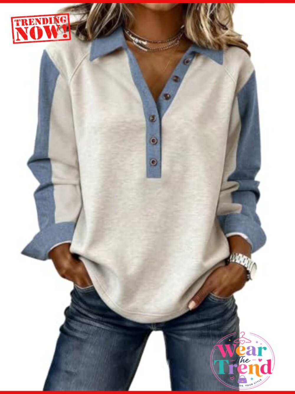 SELINK Women's Denim Patchwork Tunic Top Buttoned Polo Collar Long Sleeve